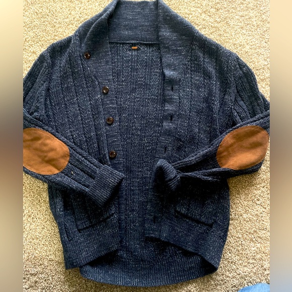 Free people marled suede sweater coat cardigan chunky navy leather cozy fall - Picture 7 of 7